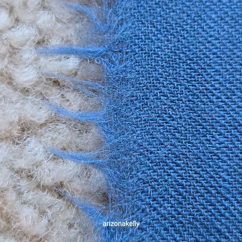 Square Wool Blue Scarf With Leaves and Flowers